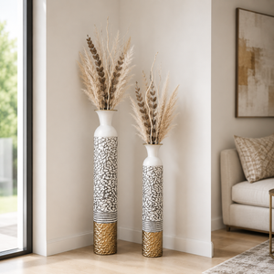 Set of 2 Round Metal Vases in White, Silver, and Gold Finish – Modern Decorative Accent for Home or Office – 14x14x106.7cm & 13.5x13.5x95.5cm