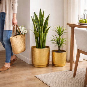 Golden Foil Pots, Pair of Decorative Planters Large and Small 25 cm, 22 cm Set of 2, Living Room, Office Decor - Accent Collection