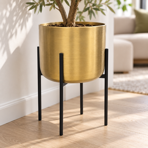 Gold Metal Planter with Black Stand, 24 in High-Sona Casa