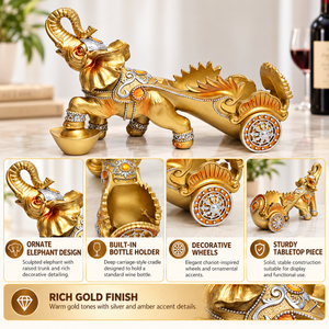 Gold Elephant Chariot Wine Bottle Holder – Decorative Tabletop Wine Rack & Home Bar Decor