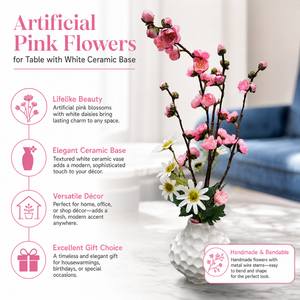 White Ceramic Vase with Artificial Pink Flowers - Accent Collection