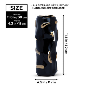 Abstract Black Ceramic Vase, Golden Highlights, 12" Table Decor by Sona Casa
