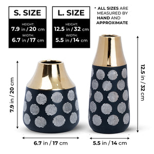 Black Ceramic Tulip Vase, Abstract, Golden Rim, 8" and 13" Table Vase Pair by Sona Casa