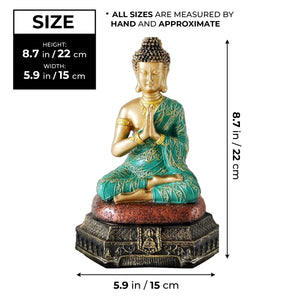 Small Buddha Statue, 9" Religious Decor Gifts, Green Gold Tabletop Desktop Shelf Prayer Room Ornament by Sona Casa