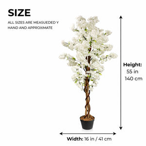 55" White Sichuan Cherry Blossom Artificial Tree with Cement Base, Realistic Indoor Outdoor Faux Plant Decor by Sona Casa