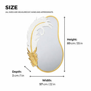 Decorative Metal Wall Mirror, Gold with White Feather, Glitter, 89 cm Asymmetrical Mirror Home Office Girl's Room Decor Gift by Sona Casa