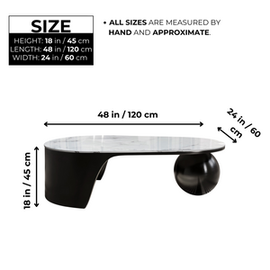 Designer 47" Coffee Table, Ball Base Design, White Artificial Marble Surface, Metal Matte Black Frame, Home Decor by Sona Casa