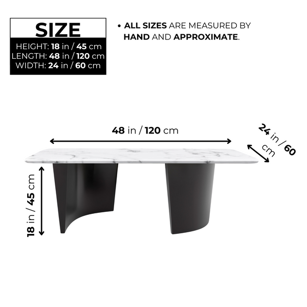 Modern 47" Rectangle Coffee Table, White Marble Top, Metal Matte Black Frame Home Decor by Sona Casa