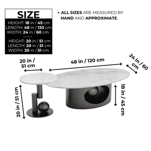 Modern Designer Oval Coffee Table Set 47" and 20", Marble Top, Metal Ball Base, Matte Black Frame, Home Decor by Sona Casa