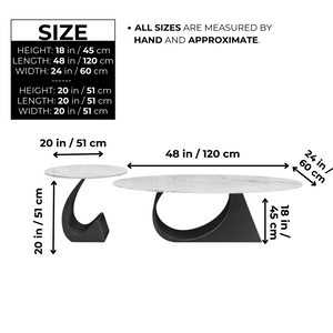 Modern Designer Oval Coffee Table Set 47" and 20" White Marble Top, Metal Matte Black Frame by Sona Casa