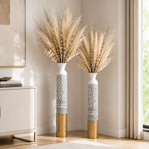 Set of 2 Round Metal Vases in White, Silver, and Gold Finish – Modern Decorative Accent for Home or Office – 14x14x106.7cm & 13.5x13.5x95.5cm