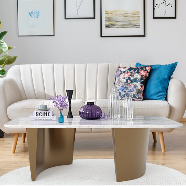 Modern 47" Rectangular Coffee Table, White Marble Surface, Metal Gold Frame, Home Decor by Sona Casa