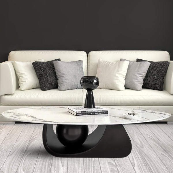 Designer Oval Coffee Table 47" White Marble Surface, Metal Ball Matte Black Base, Centerpiece by Sona Casa