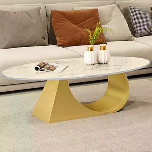 Modern Oval Coffee Table Set 47" and 20" White Marble Top, Metal Gold Frame by Sona Casa