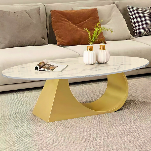 Modern Oval Coffee Table Set 47" and 20" White Marble Top, Metal Gold Frame by Sona Casa