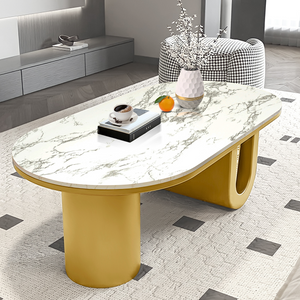 Designer Coffee Table 47" White Marble Top, Metal Blocks Gold Frame Home Decor Centerpiece by Sona Casa
