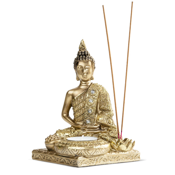 Golden Buddha Statue & Incense Holder, 6" Tabletop Decor