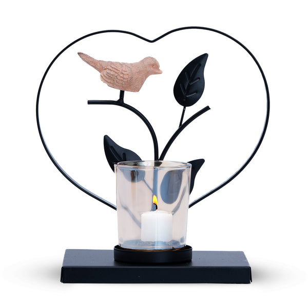 Black Metal Tealight Holder With Bird, 6" Nature Inspired Glass Decor