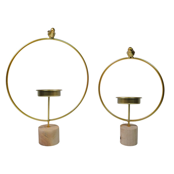 Set of 2 Large and Small Tealight Candle Holder Bird Design, Circular Gold Metal Body with Wooden Block Base, Home Decor | Home Decor