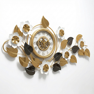Large 48 Inch Floral Wall Clock in Gold White Silver Finish, Modern Quartz Movement, Decorative Horizontal & Vertical Home Accent-Sona Casa