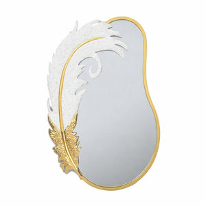Decorative Metal Wall Mirror, Gold with White Feather, Glitter, 89 cm Asymmetrical Mirror Home Office Girl's Room Decor Gift by Sona Casa