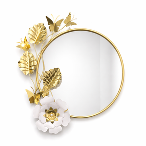 Round Gold Metal Floral Wall Mirror, Mountable Decorative Mirrors for Bedroom, Entryway, Living Room, Bathroom, Vanity by Sona Casa