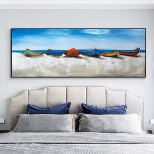 Sail Beyond' Original Oil Painting with Colorful Boats, Blue Seaside - Textured Coastal Artwork Living Room Decor, Housewarming Gift by Sona Casa