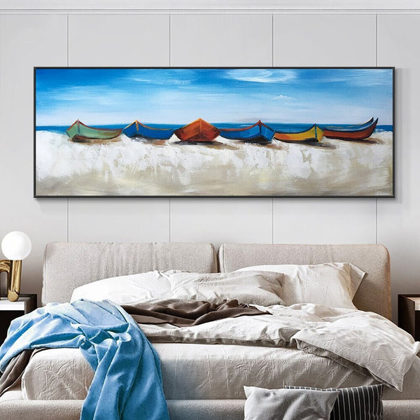 Sail Beyond' Original Oil Painting with Colorful Boats, Blue Seaside - Textured Coastal Artwork Living Room Decor, Housewarming Gift by Sona Casa