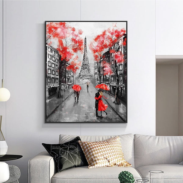 Eiffel Tower Paris Europe Painting, People in the Rain with Red Umbrella Modern Wall Art, Abstract Painting Hand Painted Oil Painting by Sona Casa
