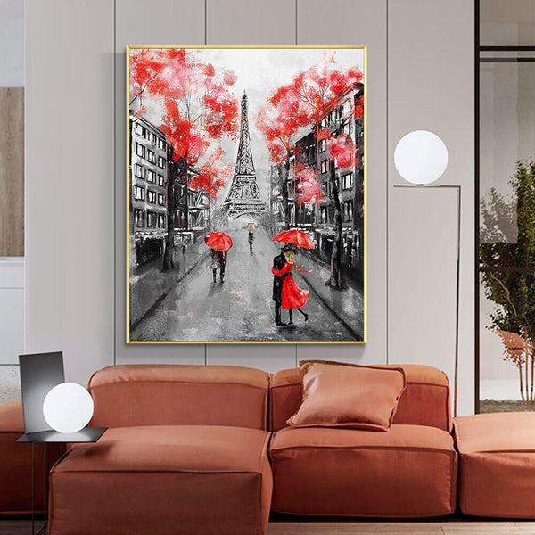 Eiffel Tower Paris Europe Painting, People in the Rain with Red Umbrella Modern Wall Art, Abstract Painting Hand Painted Oil Painting by Sona Casa
