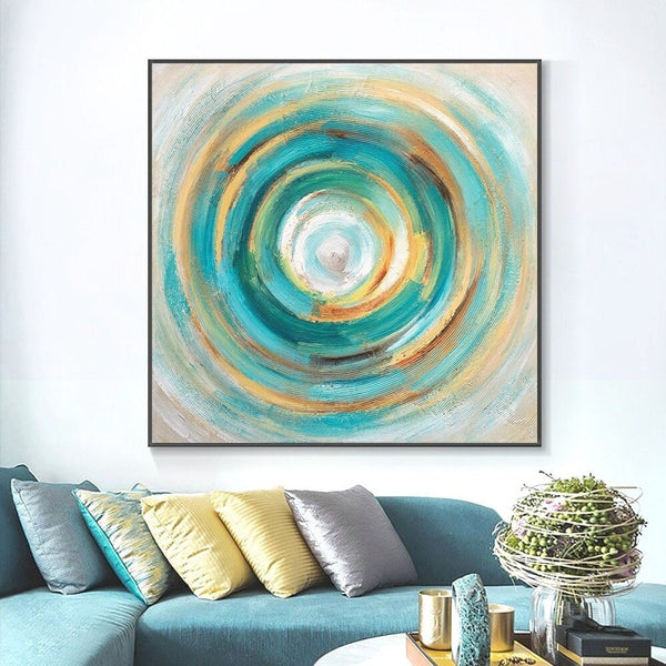 Original Abstract Canvas Art - Green & Blue Circle Oil Painting, Minimalist Wall Decor for Living Room, Unique Housewarming Gift by Sona Casa