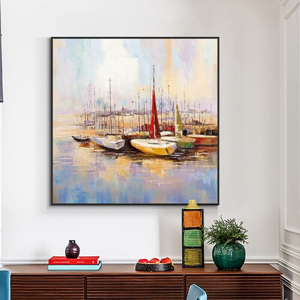 Colorful Marina Boat Painting Wall Art, Abstract Wall Art for Living Room, Painting on Canvas, Hand Painted Oil Painting for Home Decor by Sona Casa