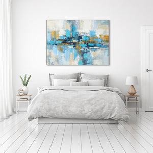 Random Strokes Large Abstract Canvas Painting - Blue and Gold Handmade Art for Living Room Decor, Unique Housewarming Gift by Sona Casa
