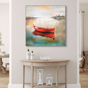 Boat Art - Handmade Abstract Lake Scene, Textured Canvas Painting for Modern Living Space or Office Wall Decor by Sona Casa