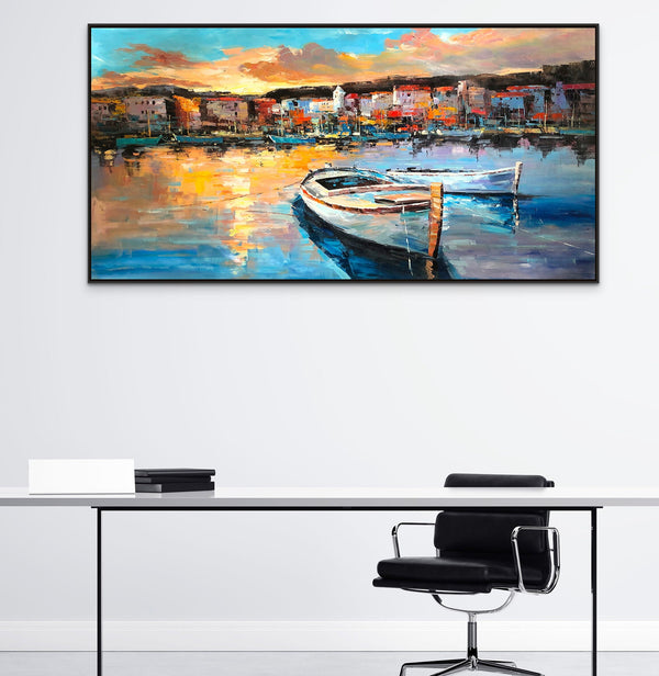 Italy Landscape Art - Colorful Portofino Harbour Scene, Handcrafted Wall Painting on Canvas, Art Lover Gift by Sona Casa