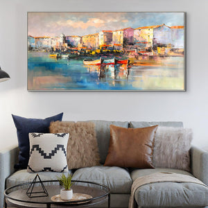 Portofino Italy Oil Painting on Canvas - Vivid Italian Landscape Wall Art for Home Decor, Original Portofino Marina Scene by Sona Casa