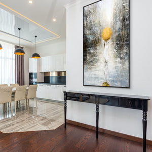 Lost in the City, Large Painting of Girl in Rain, Abstract Painting, Original Art, Oil Painting for Living Room, Oversized Wall Art, Yellow by Sona Casa