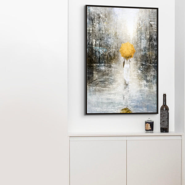 Lost in the City, Large Painting of Girl in Rain, Abstract Painting, Original Art, Oil Painting for Living Room, Oversized Wall Art, Yellow by Sona Casa