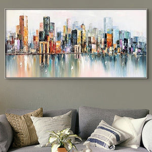 Abstract New York Painting - Handmade Large Canvas Art, Urban Cityscape Oil Painting for Modern Wall Decor, Unique Housewarming Gift by Sona Casa
