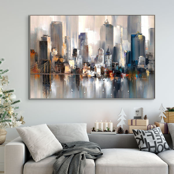 Manhattan Cityscape Canvas Art - New York City Handmade Painting, Large Wall Decor for Bedroom, Unique Housewarming Gift by Sona Casa