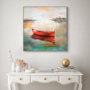 Boat Art - Handmade Abstract Lake Scene, Textured Canvas Painting for Modern Living Space or Office Wall Decor by Sona Casa