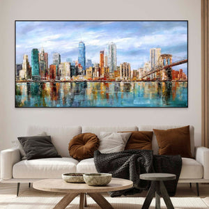 Abstract City Painting, Vibrant Manhattan Wall Art, Textured Skyline Canvas, Unique Housewarming Gift, Framed Wall Art America by Sona Casa