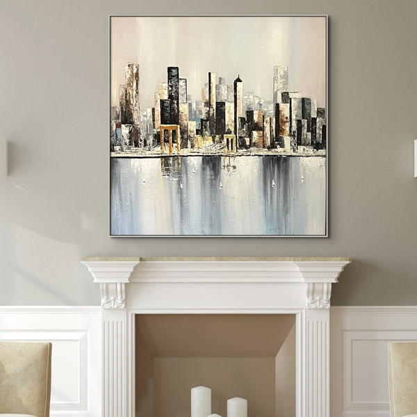 Abstract City Painting, Large Skyline Wall Art, Minimalist Urban Decor for Living Room, Artistic Housewarming Present by Sona Casa