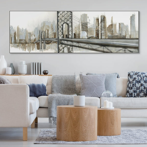 New York Wall Art - Hand-Painted Abstract Gray Cityscape Canvas, Large Modern Wall Decor for Living Room, Unique Housewarming Gift by Sona Casa