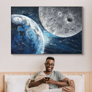 Earth and Moon Painting - Large Textured Canvas Wall Art, Celestial Space Decor for Home and Office, Unique Astronomy Gift by Sona Casa