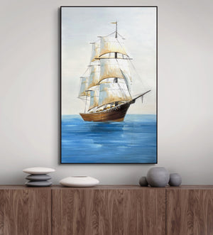 Original Boat Art Vertical Canvas, Textured Nautical Wall Painting for Bedroom, Handmade Coastal Art by Sona Casa