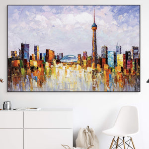 Canada Wall Art - Vibrant Toronto Skyline Painting on Canvas, Modern Urban Landscape, Framed Original Painting for Housewarming Gift by Sona Casa
