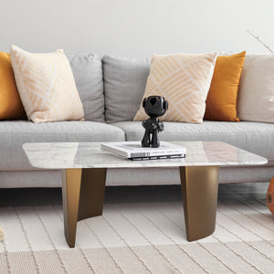 Modern 47" Rectangular Coffee Table, White Marble Surface, Metal Gold Frame, Home Decor by Sona Casa