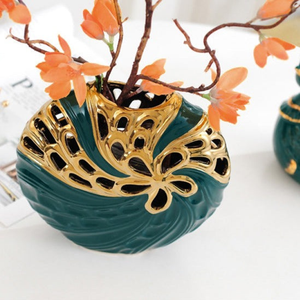 Green Flower Pattern Round Vase, Bud Vase, Golden Highlights by Sona Casa